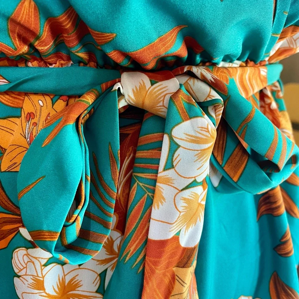 Tropical Floral Jumpsuit in Teal and Orange NWOT - Picture 3 of 8
